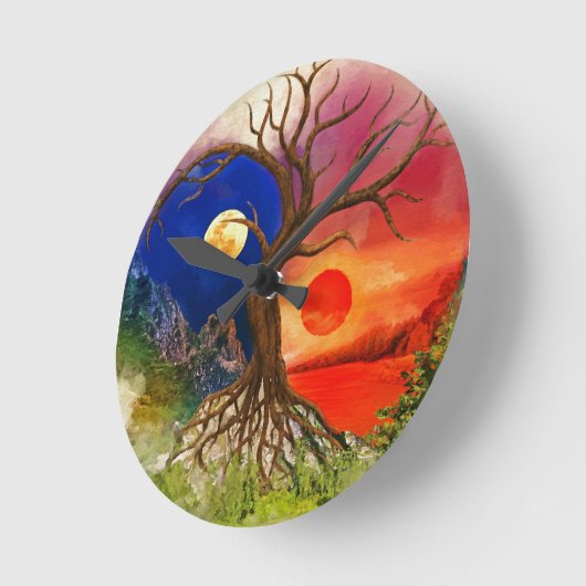 Yin Yang Tree Landschaft Runde Wanduhr (Winkel)