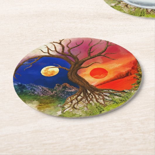 Yin Yang Tree Landschaft Runder Pappuntersetzer (Angewinkelt)