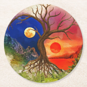 Yin Yang Tree Landschaft Runder Pappuntersetzer
