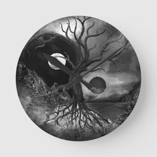 Yin Yang Tree Landschaft Schwarz-Weiß Runde Wanduhr (Vorderseite)