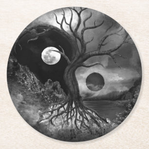 Yin Yang Tree Landschaft Schwarz-Weiß Runder Pappuntersetzer