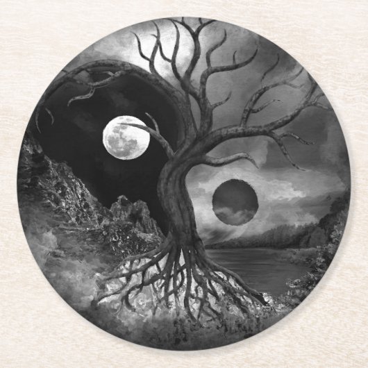 Yin Yang Tree Landschaft Schwarz-Weiß Runder Pappuntersetzer (Vorderseite)