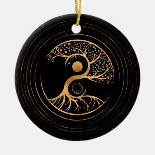 Yin Yang Tree of life - Fluorit und Gold Keramik Ornament (Vorne)