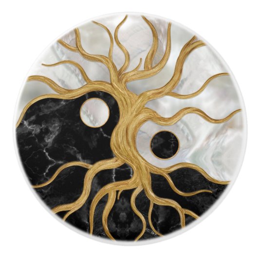 Yin Yang Tree of life - Marmor und Gold Keramikknauf (Vorderseite)