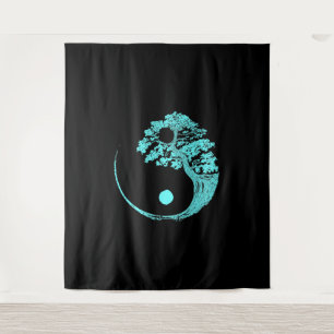 Yin Yang Turquoise Blue Bonsai Tree Japanisch Wandteppich