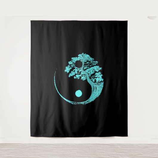Yin Yang Turquoise Blue Bonsai Tree Japanisch Wandteppich (Vorderseite)