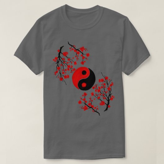 Yin Yang und Sakura Red Blossom T-Shirt (Design vorne)