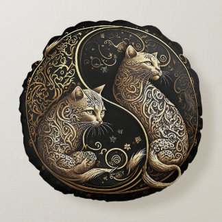 Ying und Yang Cats Gold Rundes Kissen