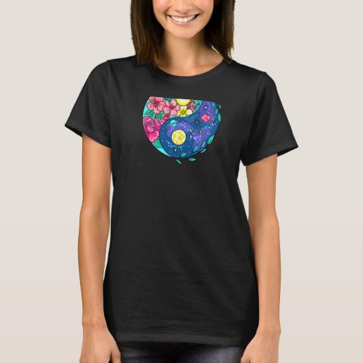Yinyang Yin Yang Flower & Planet Zen Peace  on Bac T-Shirt (Vorderseite)