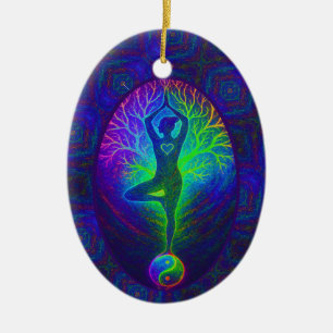 Yoga-Baum Friedensregenbogen Keramik Ornament