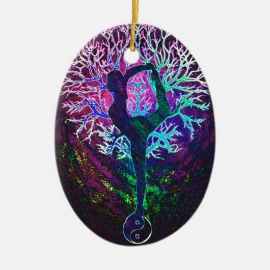 Yoga-Baum Friedensregenbogen Keramik Ornament (Vorne)