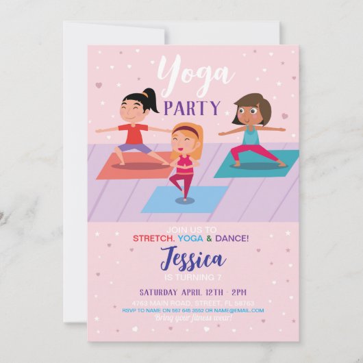 Yoga Birthday Party Girls Pink Stretch Tumble Einladung (Vorderseite)