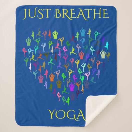 YOGA blaue Sherpa-Decke mit Herz. "JUST BREATH Sherpadecke (Vorderseite)