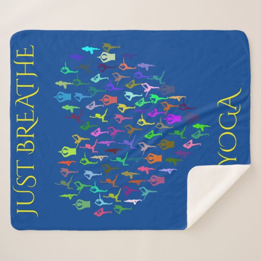 YOGA blaue Sherpa-Decke mit Herz. "JUST BREATH Sherpadecke (Vorderseite (Horizontal))