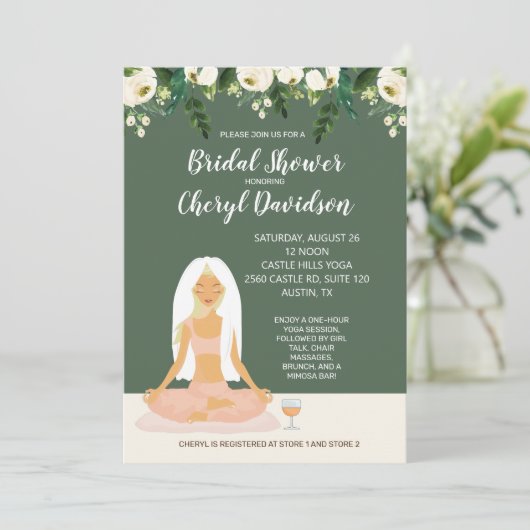 Yoga Bride Brautparty Grüne und Rose Einladung (Stehend Vorderseite)