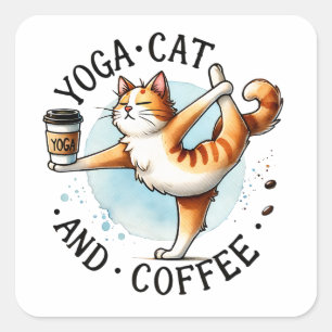 "Yoga Cat and Coffee" Funny Cat Lovers Quadratischer Aufkleber