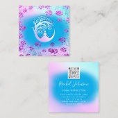 Yoga Classes School Logo Instructor QR Blue Floral Quadratische Visitenkarte (Vorne/Hinten)