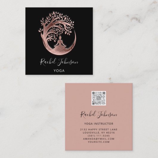Yoga Classes School Logo Instructor QR Rose Heu S Quadratische Visitenkarte (Vorne/Hinten)