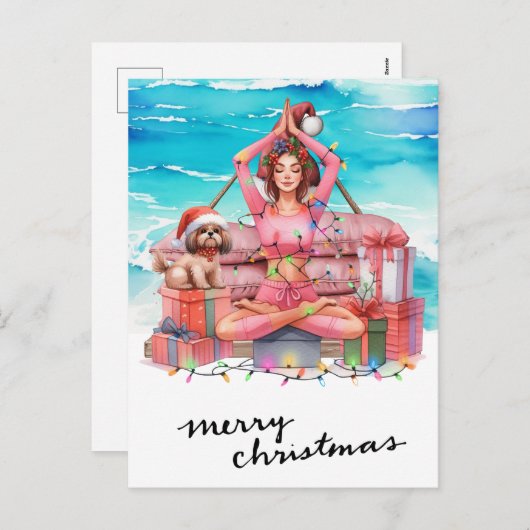 Yoga-Frau mit Geschenk am Strand Weihnachten Thema (Vorne/Hinten)