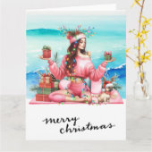 Yoga-Frau mit Geschenk am Strand Weihnachten Thema Karte (Gelbe Blume)