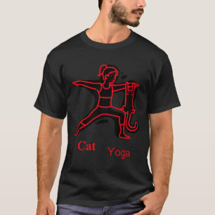 Yoga Frau und Katze in roter Linie Kunst. T-Shirt