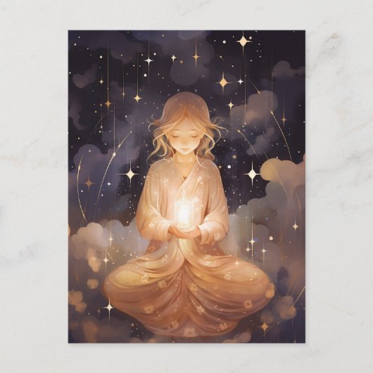Yoga Girl meditieren, Dreamy Star Clouds Celestial Postkarte (Vorderseite)