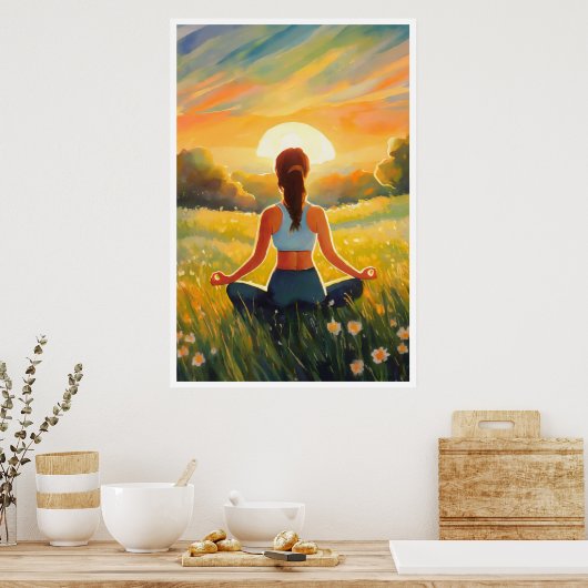 Yoga im Feld bei Sonnenuntergang Poster (Küche)