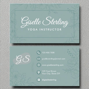 Yoga Instructor Aquamarin Floral Line Art Script Visitenkarte