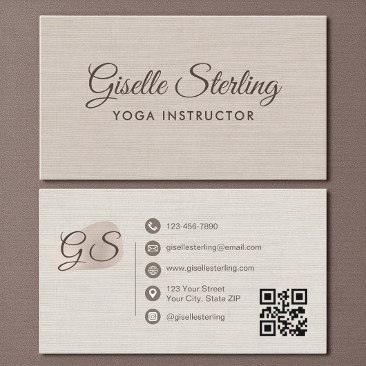 Yoga Instructor Beige Linen Elegant QR Code Visitenkarte