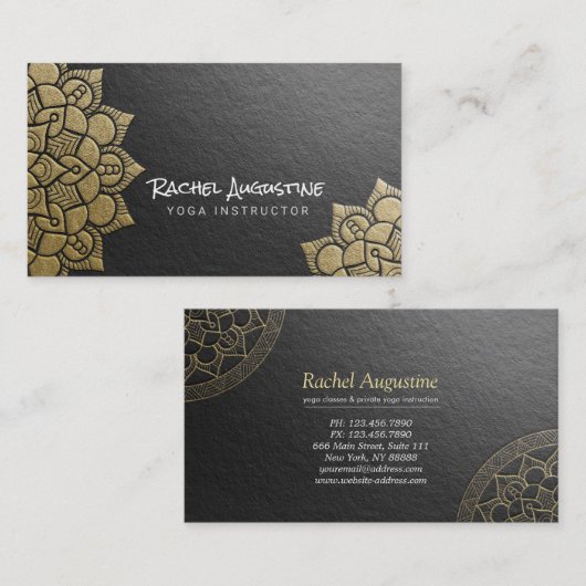 Yoga Instructor Black Gold Embossed Mandala Floral Visitenkarte (Vorne/Hinten)
