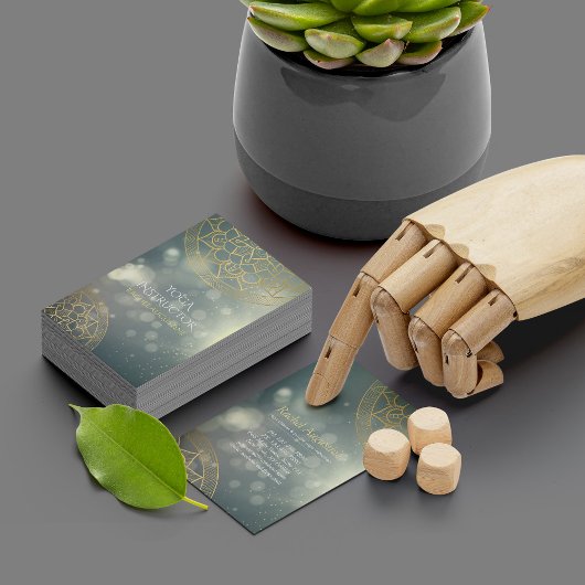 Yoga Instructor Gold Mandala Green Bokeh Lights Visitenkarte