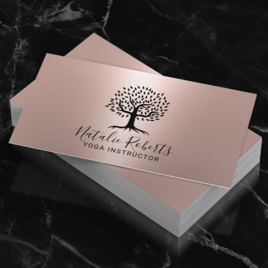Yoga Instructor Life Coach Tree Logo Rose Gold Visitenkarte