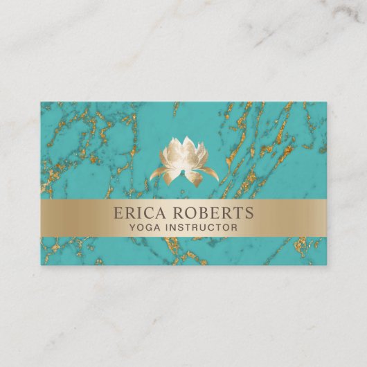 Yoga Instructor Lotus Logo Trendy Aquamarin & Gold Visitenkarte (Vorderseite)