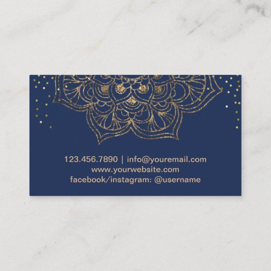 Yoga Instructor Lotus Mandala Elegant Navy & Gold Visitenkarte (Rückseite)
