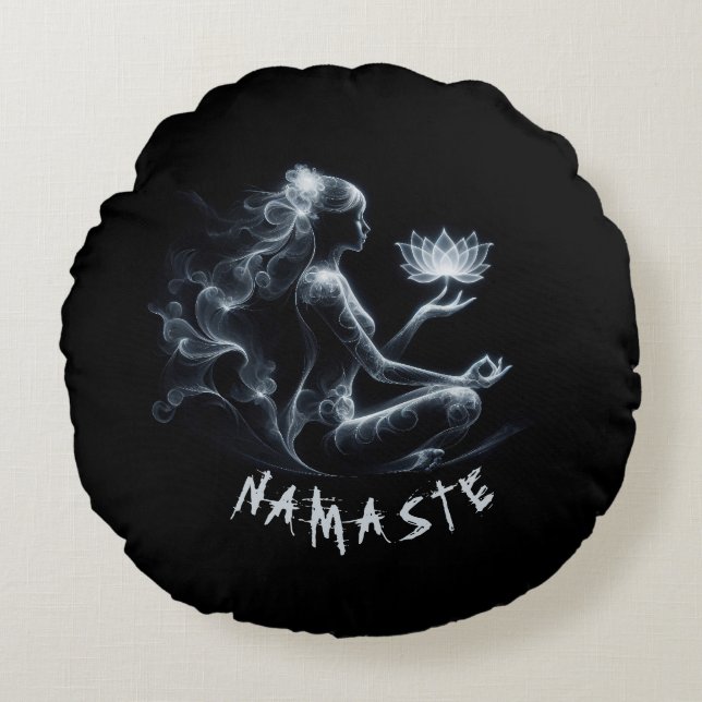 Yoga Instructor Lotus Medizin Pose Glühen Nebel Rundes Kissen (Vorderseite)