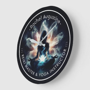Yoga Instructor Meditation Pose Glühen Mist Lotus Große Wanduhr