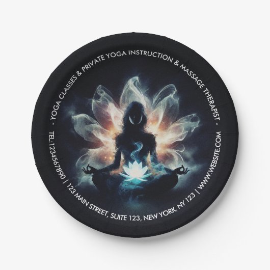 Yoga Instructor Meditation Pose Glühen Mist Lotus Pappteller (Vorderseite)