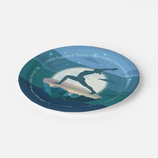 Yoga Instructor Meditation Pose Moon Flying Island Pappteller (Schrägansicht)