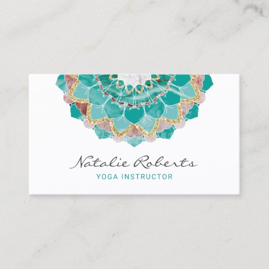 Yoga Instructor Modern Aquamarin Gold Mandala Blum Visitenkarte (Vorderseite)