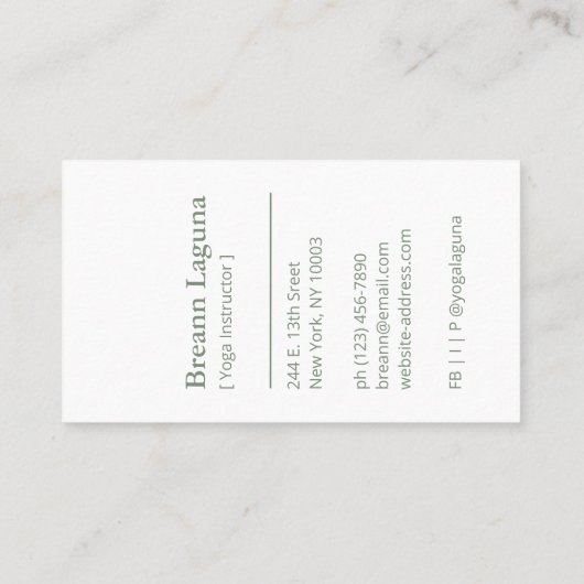 Yoga Instructor Namaste Sage Green Modern Visitenkarte (Rückseite)