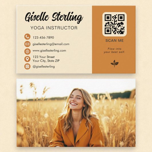 Yoga Instructor Yellow Orange QR Code Foto Visitenkarte