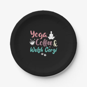 Yoga-Kaffee und Walisischer Corgis Pappteller