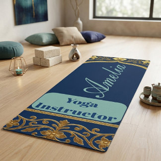 Yoga-Lehrer Navy Blau Teal |Gold Ornamentale Blume Yogamatte