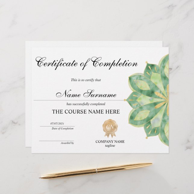 Yoga Lotus Certificate of Completion Award Course (Vorderseite/Rückseite Beispiel)