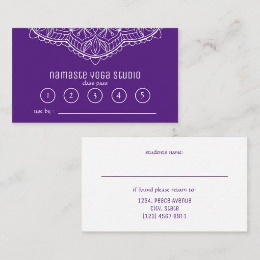 Yoga Mediation Class Pass Lila Handrawn Mandala Treuekarte (Vorne/Hinten)