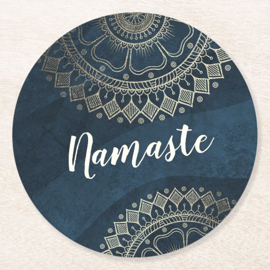 Yoga Meditation Instructor Gold Mandala Navy Blue Runder Pappuntersetzer (Vorderseite)