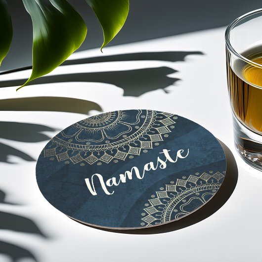 Yoga Meditation Instructor Gold Mandala Navy Blue Runder Pappuntersetzer