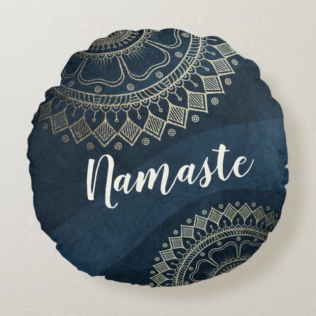 Yoga Meditation Instructor Gold Mandala Navy Blue Rundes Kissen (Vorderseite)
