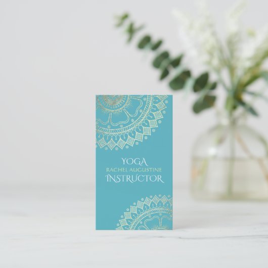 Yoga Meditation Instructor Green Blue Gold Mandala Terminkarte (Stehend Vorderseite)