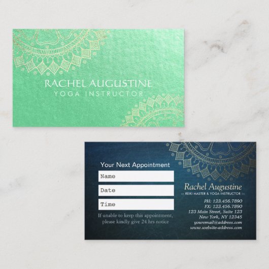 Yoga Meditation Instructor Green Gold Foil Mandala Terminkarte (Vorne/Hinten)